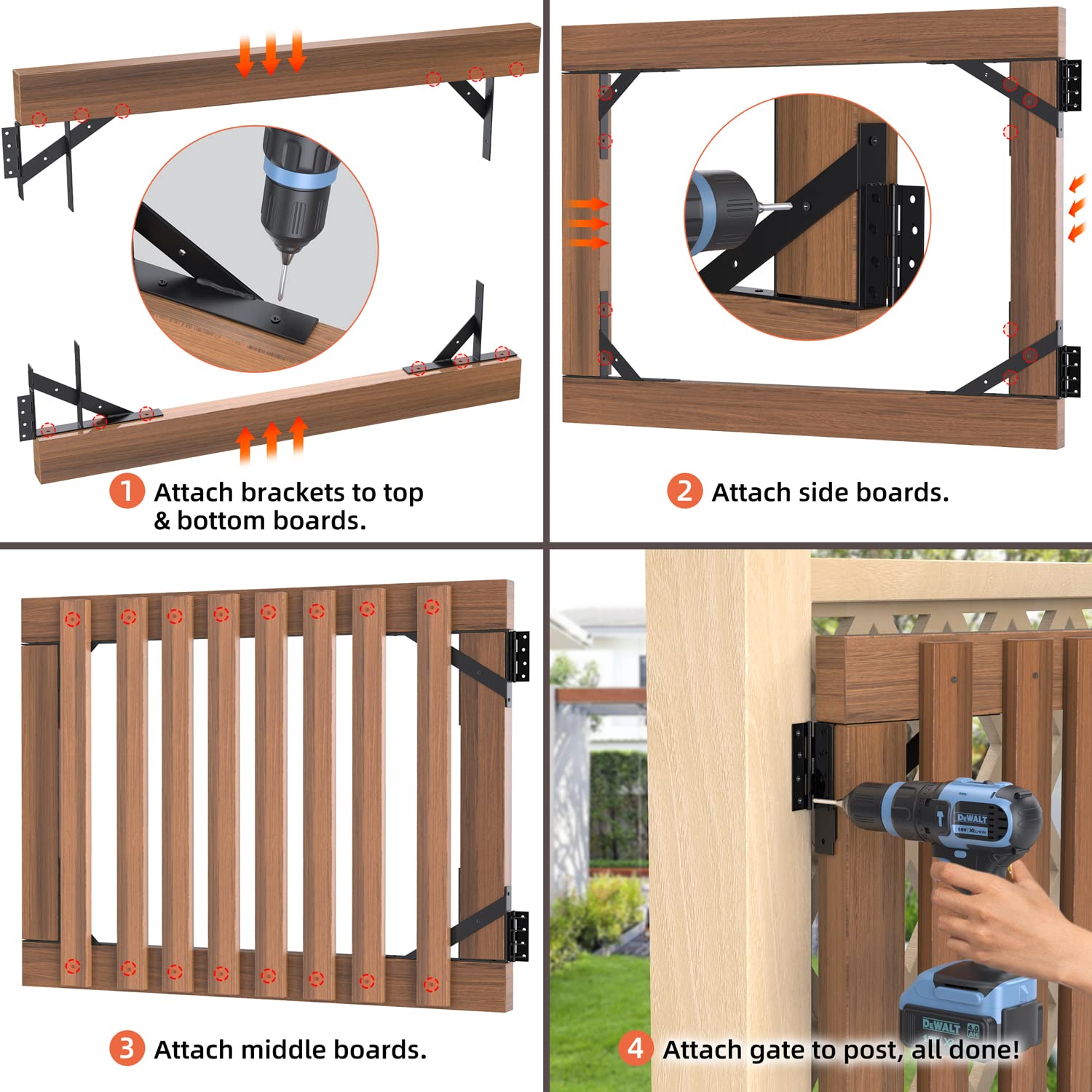Gate Corner Brace Bracket Gate Kit for Wooden Fence Gate Hinges No Sag Frame Kit for Shed Doors, Driveway Gates, Corral Gates, Wood Windows (Black) Highpro