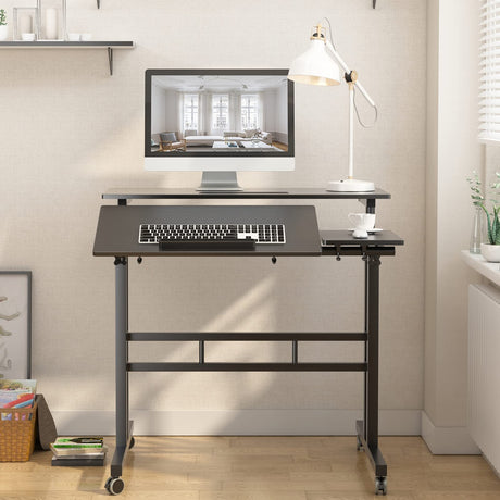 sogesfurniture Height Adjustable Sit Stand Workstation Mobile Standing Desk Home Office Desk with Standing and Seating,Black BHUS-101-2BK sogesfurniture