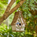 Glitzhome 9.5" H Garden Hanging Bird House Distressed Solid Wood Decorative Birdhouse with Natural Wood Pallet Roof and 3D Tree for Outdoors,Washed glitzhome