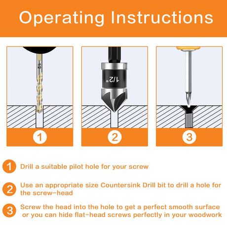 5 Pcs Countersink Drill Bit Set, Industrial Grade M2 High-Speed Steel, 82 Degree, 5 Flute with 1/4” Quick Change Hex Shank, 1/4" to 3/4" Size for DECKRKAT