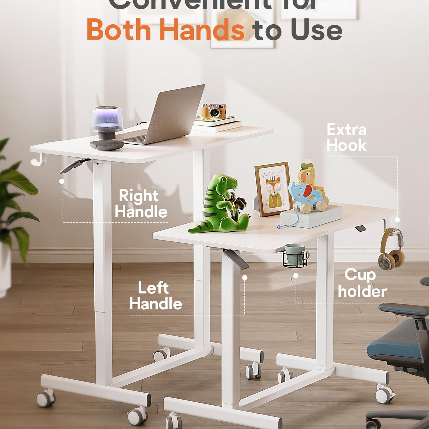 JOY worker Mobile Standing Desk, 35In Small Standing Desk with Curved Desktop, Pneumatic Height Adjustable Rolling Desk Holds Up to 33lbs, White JOY worker