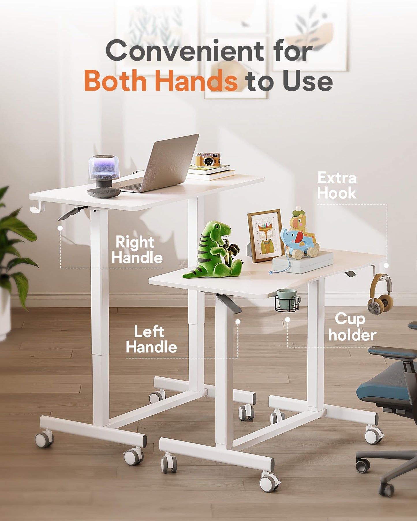 JOY worker Mobile Standing Desk, 35In Small Standing Desk with Curved Desktop, Pneumatic Height Adjustable Rolling Desk Holds Up to 33lbs, White - WoodArtSupply