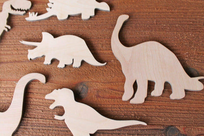 Set of 6 Large Dinosaur Wood Cutout Shapes 6", 8",10" or 12" available Cut out T-Rex Brontosaurus Brachiosaurus Velociraptor + more - WoodArtSupply