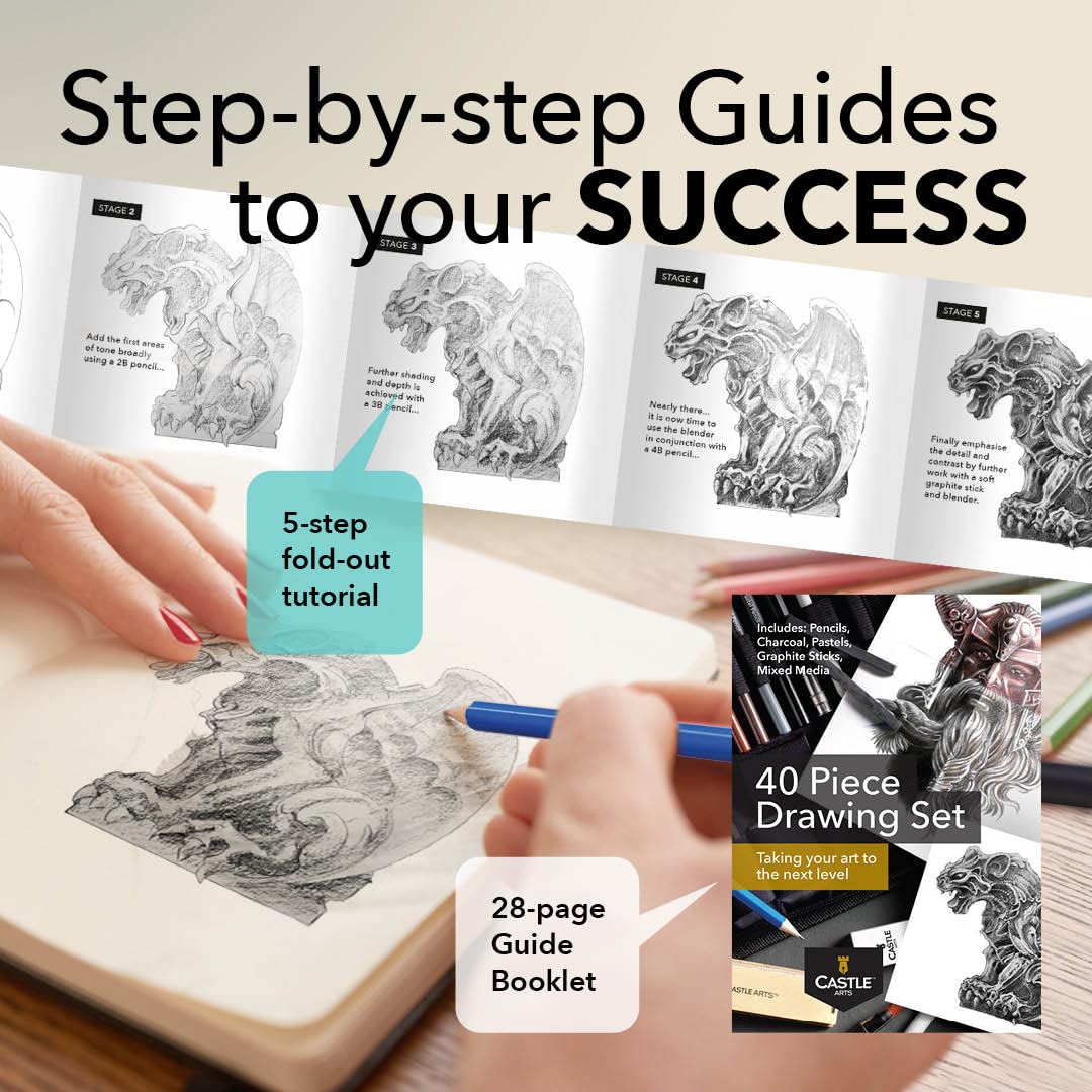 Castle Art Supplies Graphite Drawing Pencils and Sketch Set (40-Piece Kit), Complete Artist Kit Includes Charcoals, Pastels and Zippered Carry Case, Castle Art Supplies