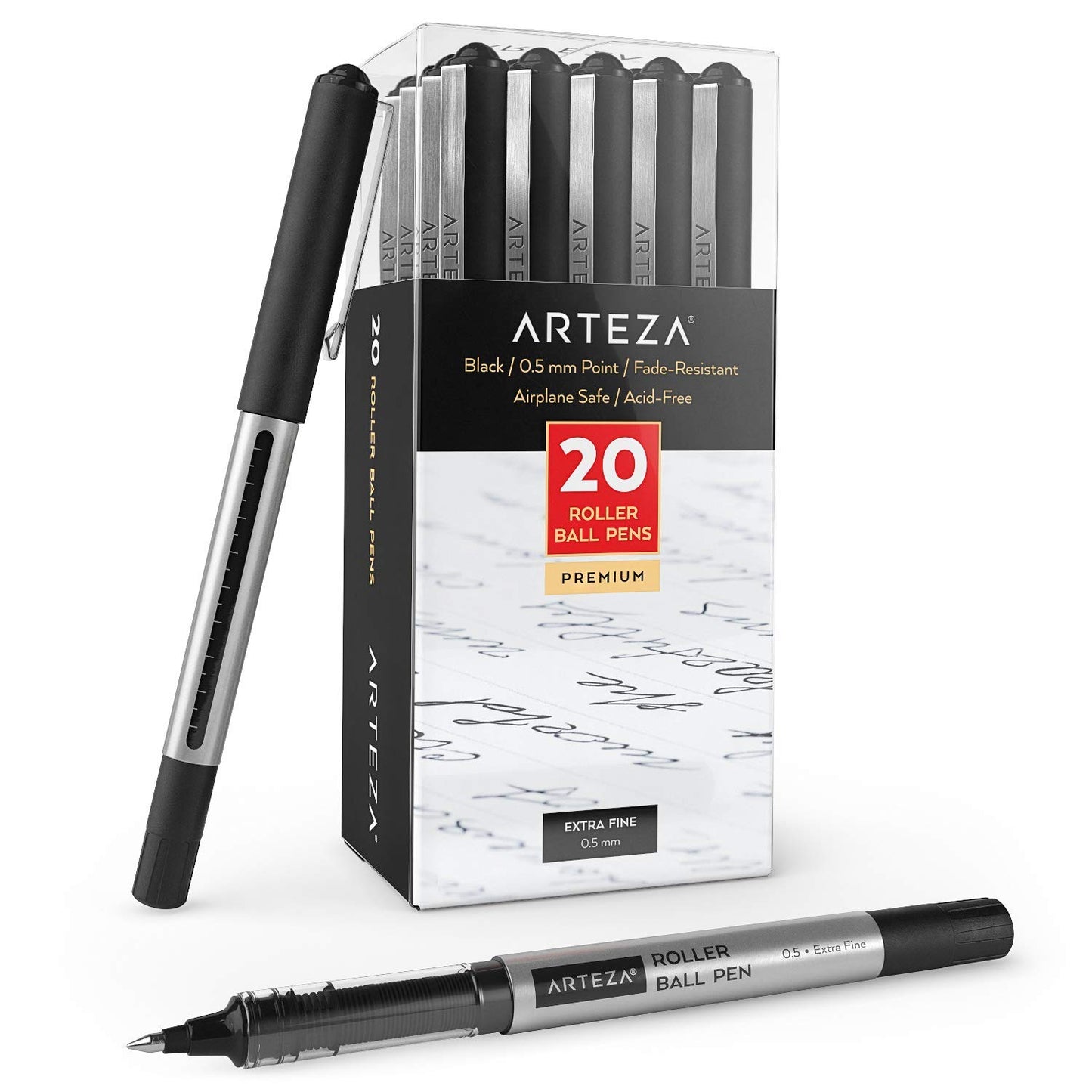 ARTEZA Rollerball Pens, Pack of 20, 0.5mm Black Liquid Ink Pens for Bullet Journaling, Fine Point Rollerball, Office Supplies for Writing, Taking