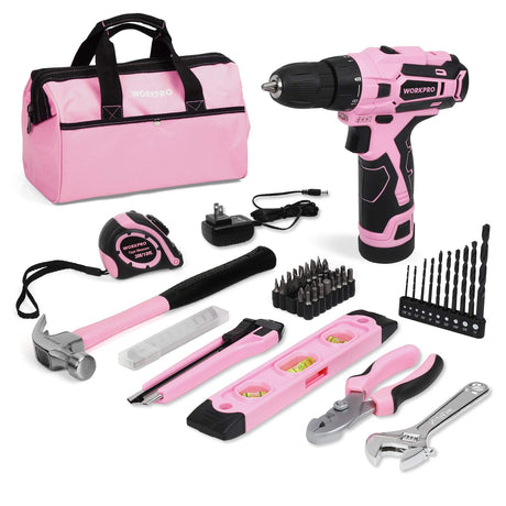 WORKPRO 12V Pink Cordless Drill Driver and Home Tool Kit, Hand Tool Set for DIY, Home Maintenance, 14-inch Storage Bag Included - Pink Ribbon WORKPRO