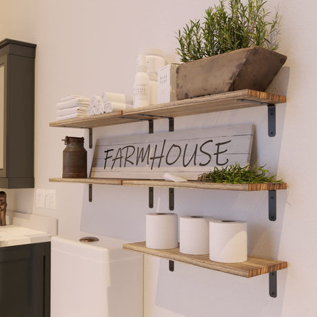 RICHER HOUSE Rustic Wood Shelves Set of 5, Farmhouse Style Floating Shelf for Wall Décor, Hanging Shelves forBathroom, Bedroom, Storage, Kitchen, RICHER HOUSE