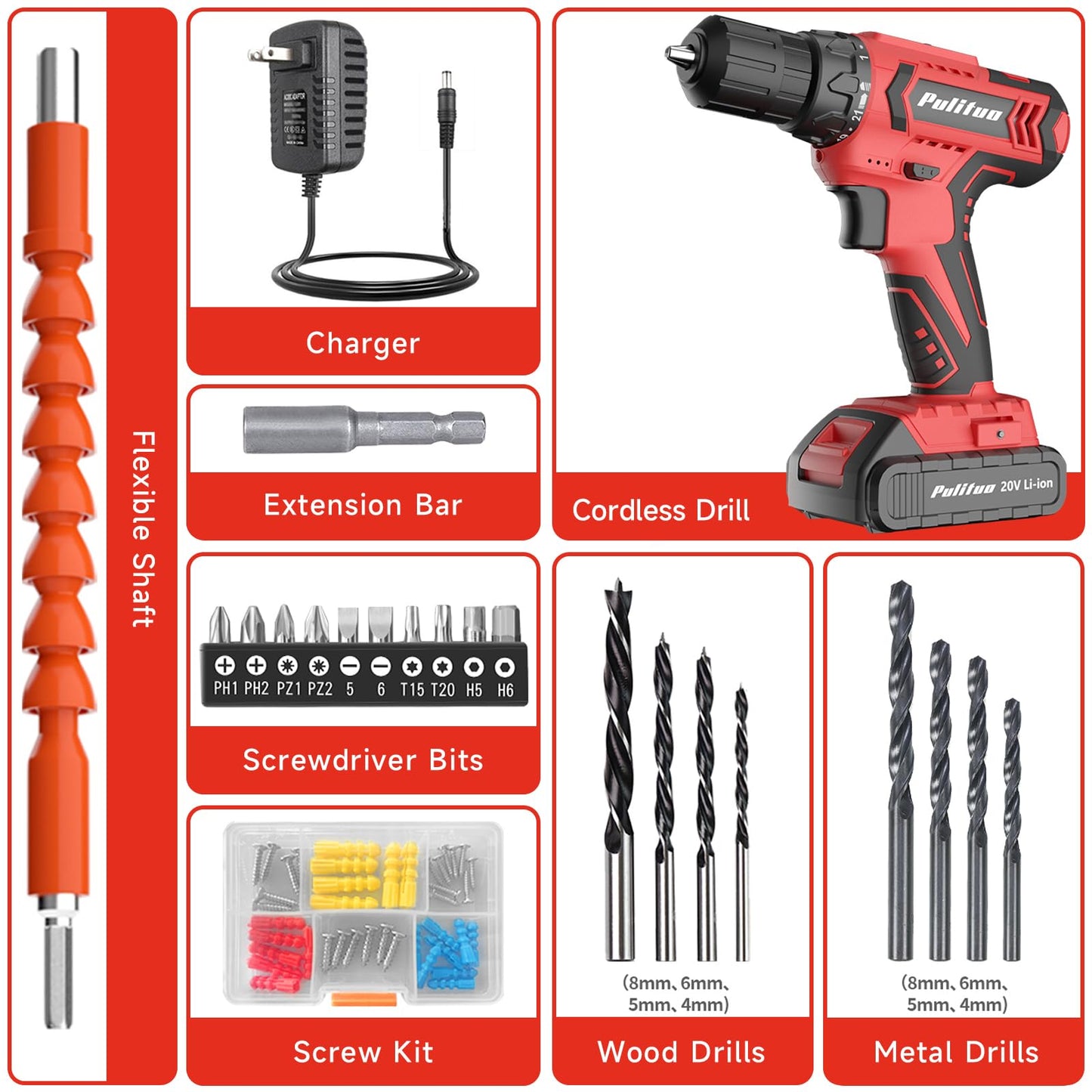 PULITUO Cordless Drill Set, 20V Electric Power Drill with Battery And Charger, Torque 30N, 21+1 Torque Setting, 2 Various Speed, with 43pcs Drill - WoodArtSupply