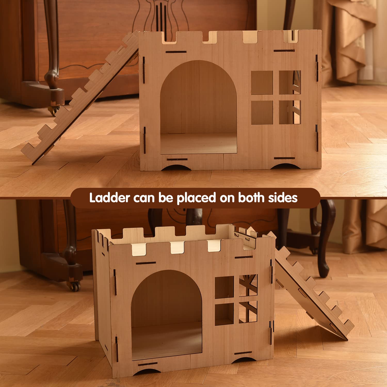 Extra Large Wooden Rabbit Castle with Ladder - Wood Cat Beds for Indoor Cats, Rabbit Hideout Bunny House Luxurious Small Animal Rest and Play House - WoodArtSupply