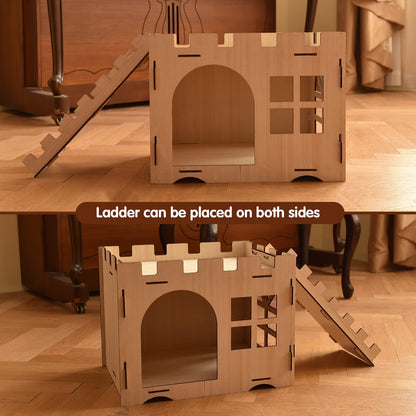 Extra Large Wooden Rabbit Castle with Ladder - Wood Cat Beds for Indoor Cats, Rabbit Hideout Bunny House Luxurious Small Animal Rest and Play House - WoodArtSupply