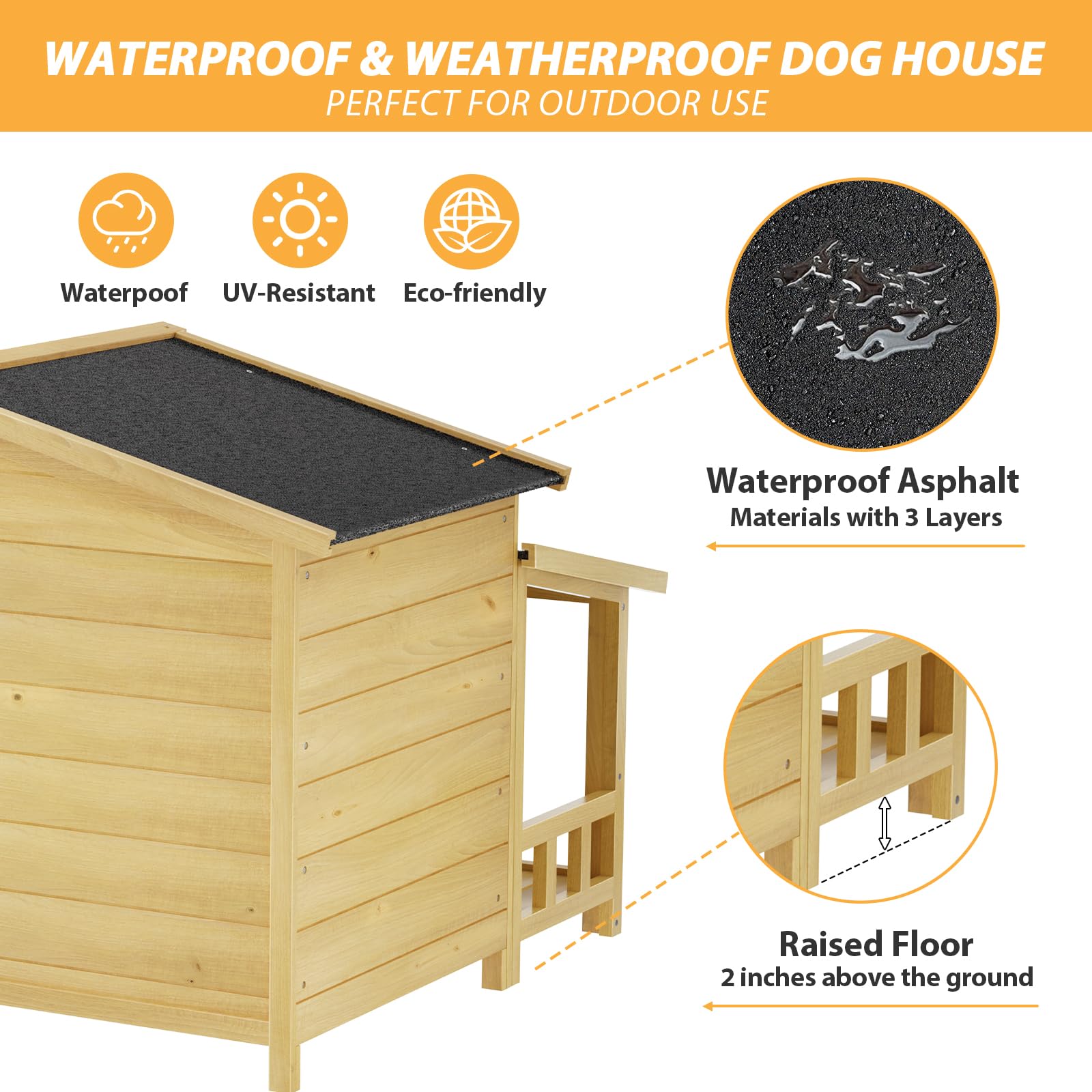 RITSU 47.2" Dog House, Waterproof Dog Kennel, Wooden Outdoor and Indoor Dog House, Log Cabin Style with Porch,Elevated Floor, 2 Doors, Pine Wood + - WoodArtSupply