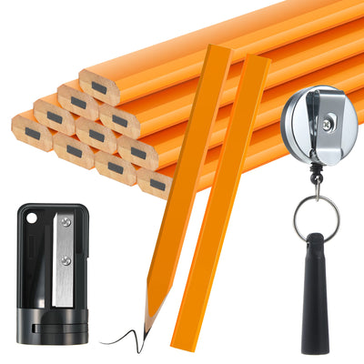 14 Pcs Carpenter Pencils, 7 Inches Flat Octagonal Hard Black Woodworking Construction Pencils Heavy Duty with Pencil Sharpener and Retractable Pencil