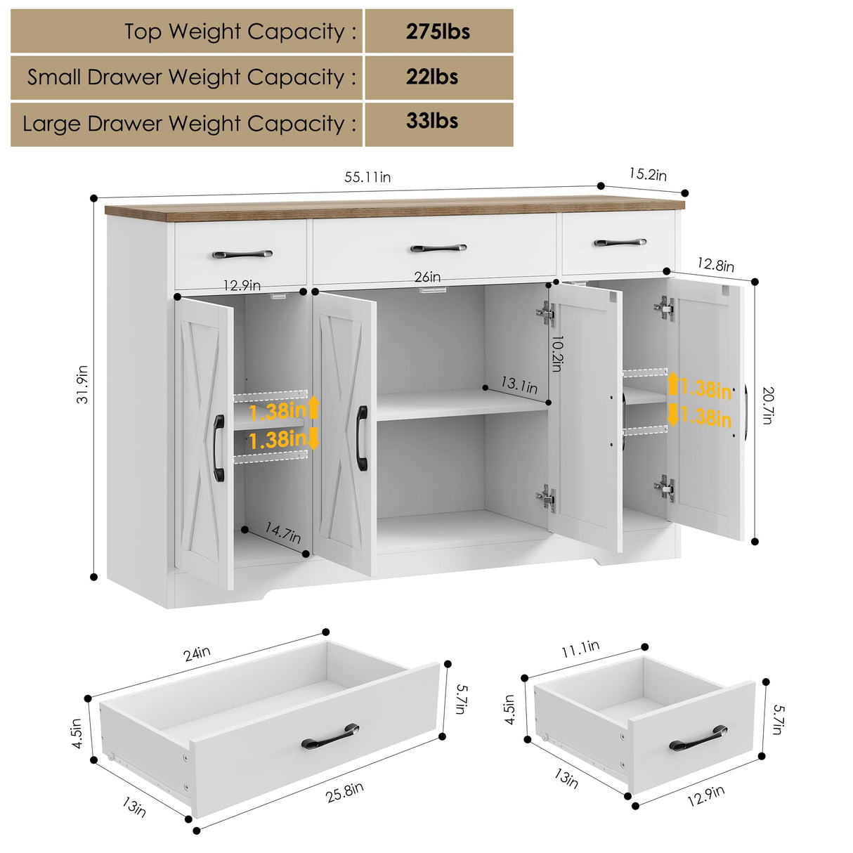 HOSTACK Buffet Cabinet with Drawers, 55" Large Sideboard Buffet Storage Cabinet with Shelves & 4 Doors, Modern Farmhouse Coffee Bar Cabinet Wood HOSTACK