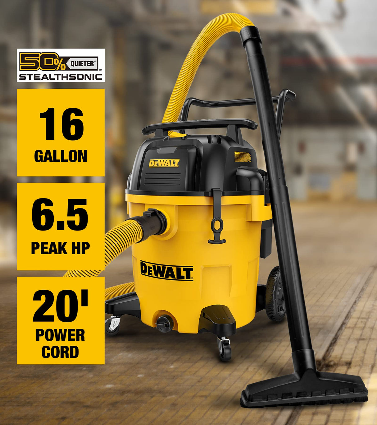 DEWALT 16 Gallon STEALTHSONIC Poly Wet/Dry Vacuum, DXV16P-QTA Noise Reduction Heavy Duty Shop Vacuum for Jobsite/Workshop, Reduce Motor Noise, Yellow DEWALT
