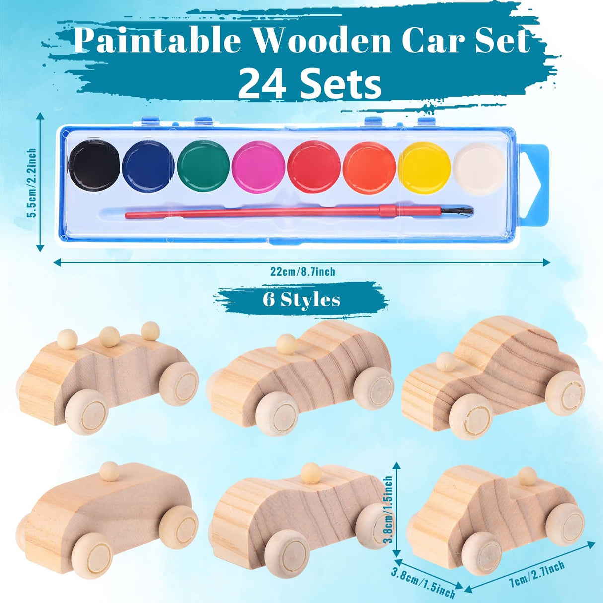 Leitee 12 Sets Unfinished Paintable Wooden Cars DIY Toys with Watercolor Paint Wooden Toy Cars Wood Crafts for Woodworking School Family Arts Home Leitee