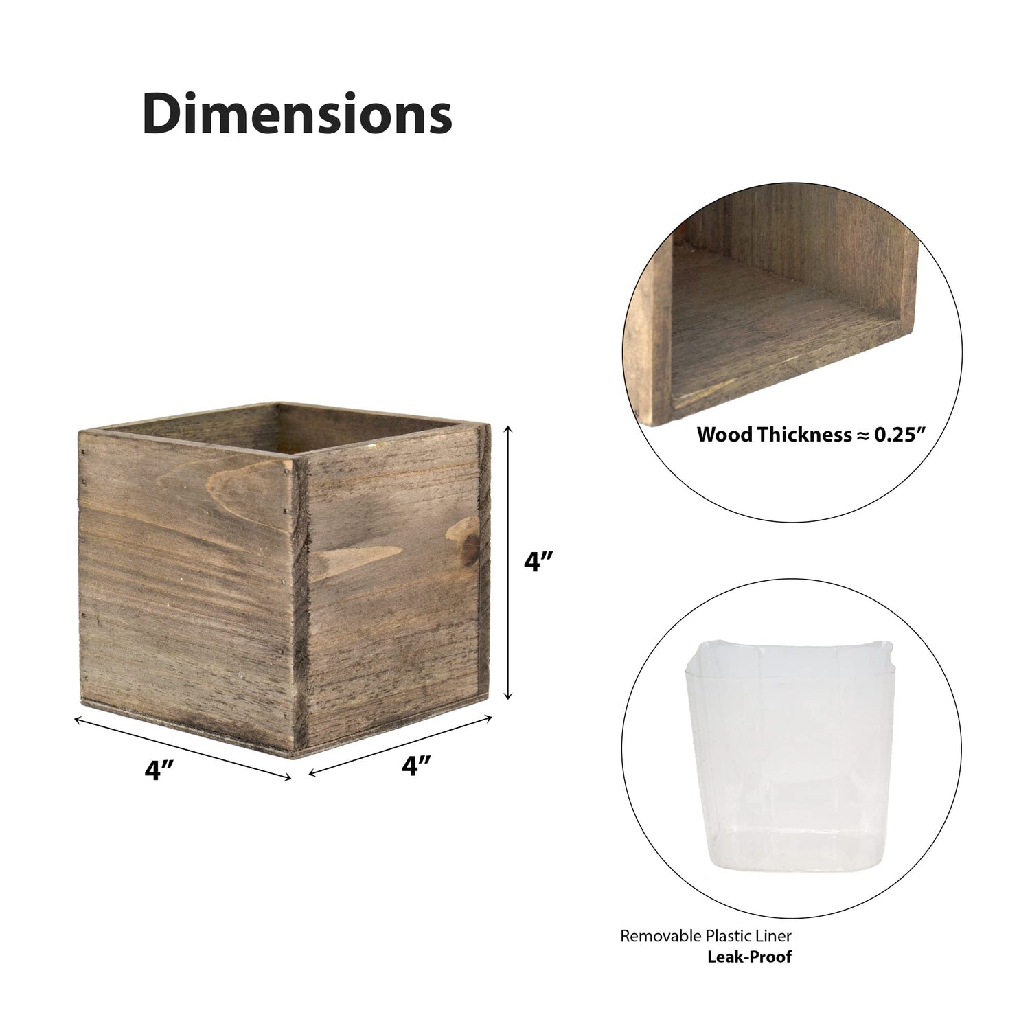 CYS EXCEL Cube Planter Box with Removable Plastic Liner (4"x4"x4")(4 PCS) | Multiple Size Choices Wood Square Planter | Indoor Decorative Window Box CYS EXCEL