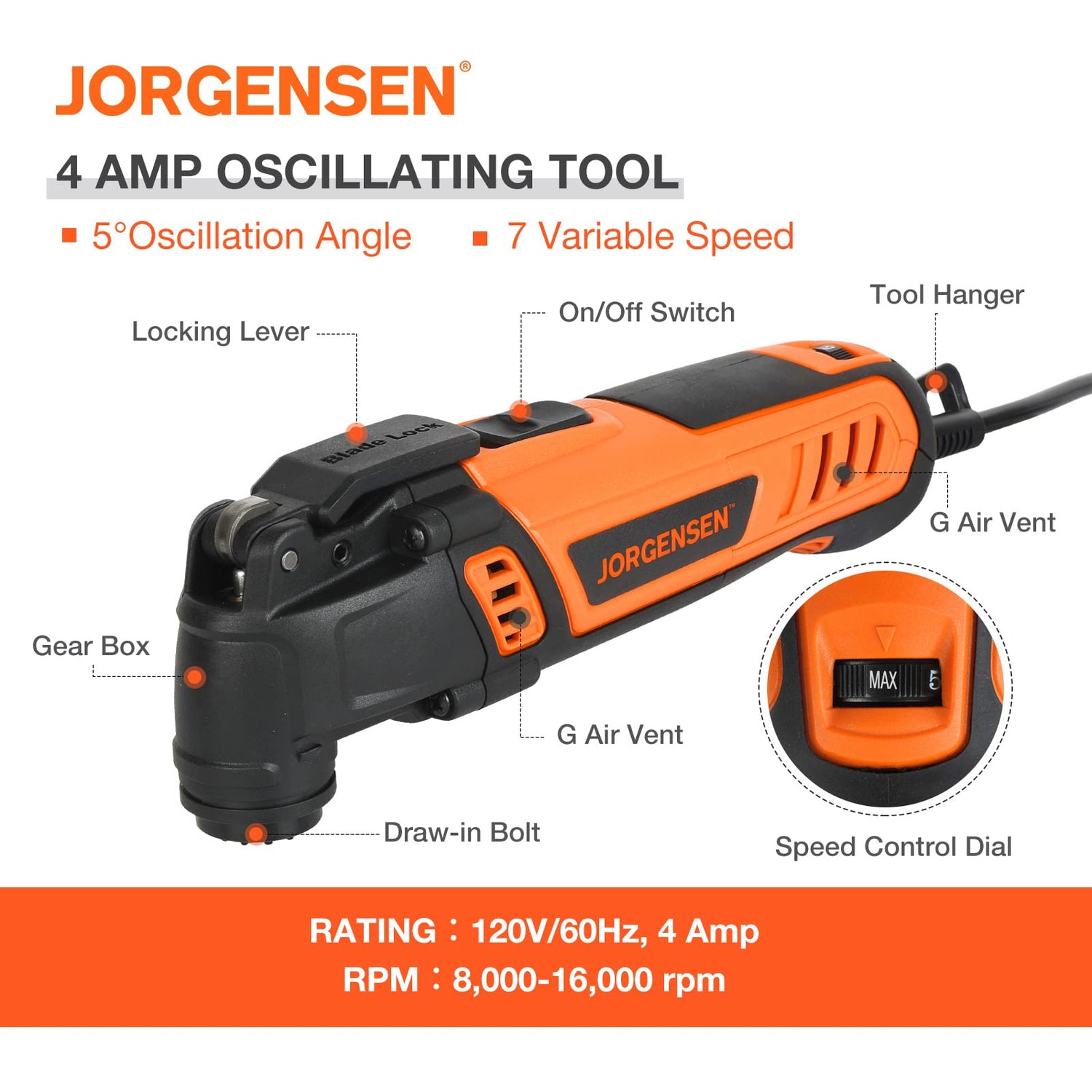 JORGENSEN Oscillating Tool 5°Oscillation Angle, 4 Amp Oscillating Multi Tools Saw, 7 Variable Speed with 16-piece Electric Multitool Blades & Jorgensen