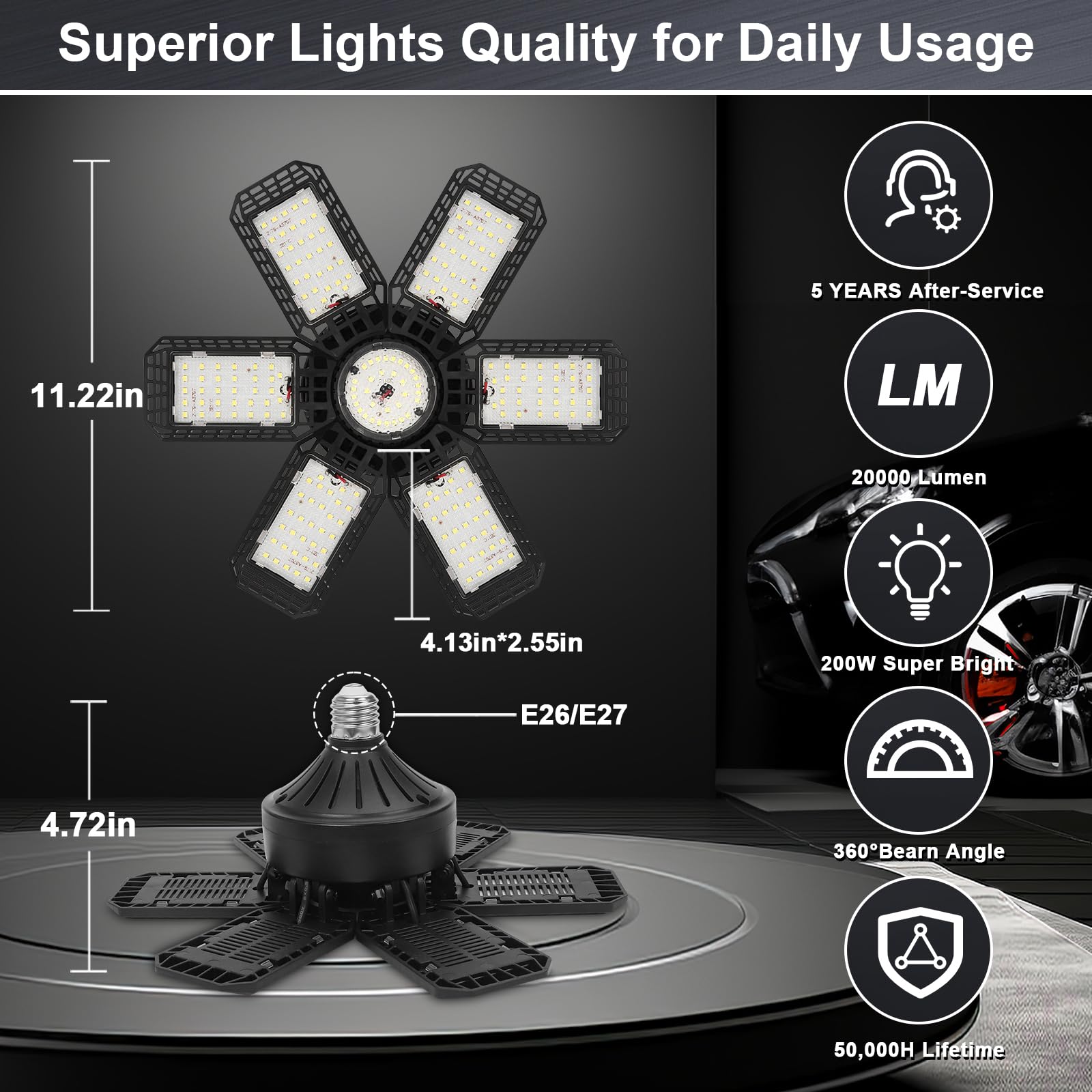 2 Pack LED Garage Light, 200W LED Shop Light, E26/E27 Garage Lights Super Bright Deformable LED Garage Ceiling Light with 6+1 Adjustable Panels - WoodArtSupply