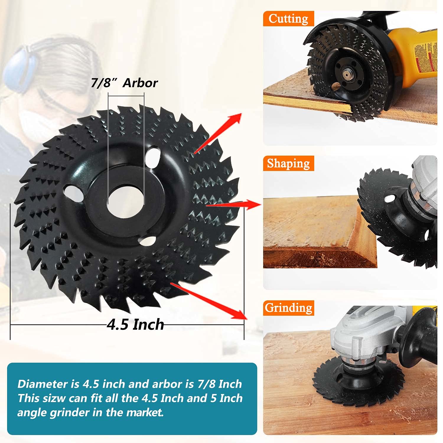 OBA Wood Carving Disc 4-1/2 Inch Wood Cutting Wheel 28-Tooth for Angle Grinder Wood Carving,Polishing,Carving with 7/8 inch Arbor OBA