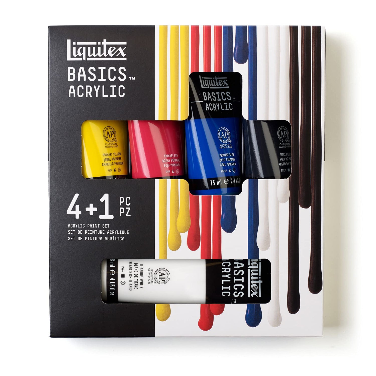 Liquitex BASICS Acrylic Paint Set, 4 x 75ml (2.4-oz), 1 x 118ml (4-oz) Essentials Paint Set Liquitex