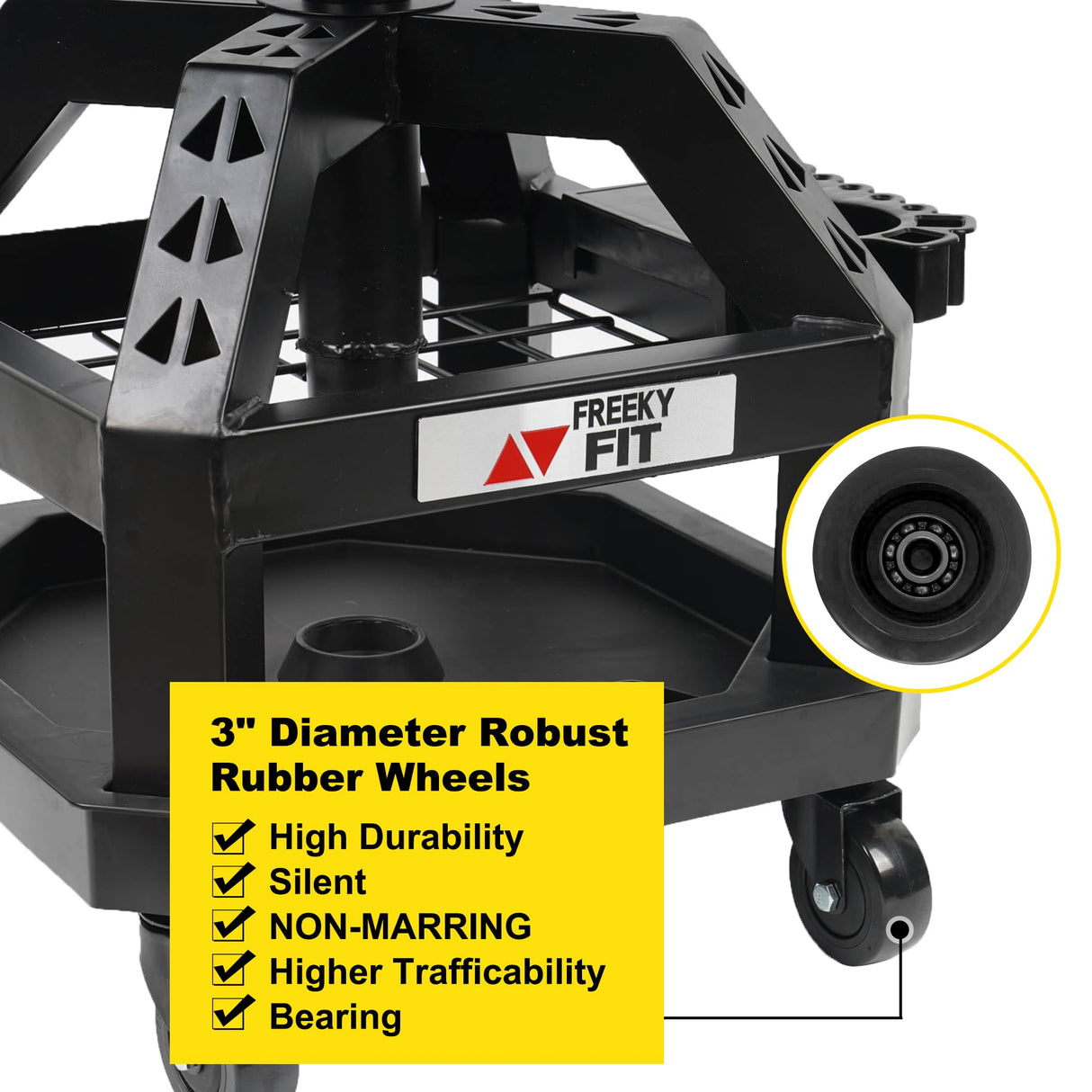 FreekyFit Rolling Shop Stool for Garage with Casters, DO02-Adjustable Height 360° Swivel Shop Seat with Tool Tray Storage, 330 LBS Capacity Padded FreekyFit