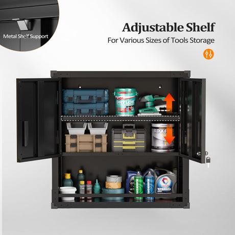 VINGLI Garage Wall Cabinet with Locking Doors and Adjustable Shelf, Metal Wall Cabinet, Floating Upper Storage Cabinet (Black, 30''W x 12''D x 30''H) VINGLI