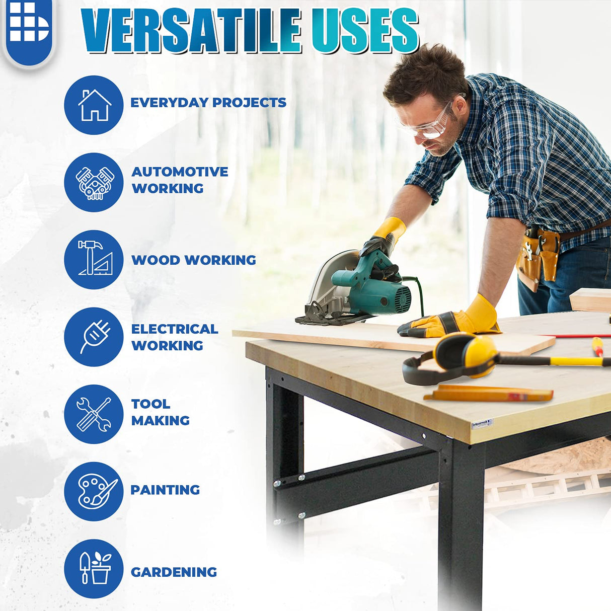Borroughs Adjustable Height Heavy Duty Workbench, Solid Hardwood Top, Commercial Grade, 16-Gauge Steel Legs, 30 in. x 60 in. Borroughs