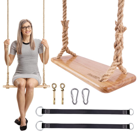 Premkid Hanging Wooden Swing, Swing Seat 24"x 8"x 1.2", Tree Swing for Adults Kids with 500lbs Load, Adjustable Hemp Rope Plus Tree Straps 100 inch, Premkid