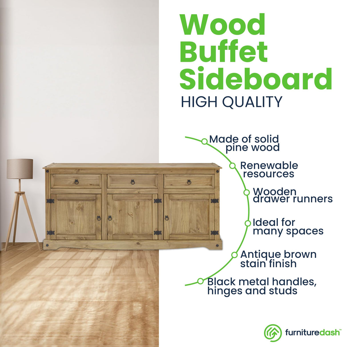 Furniture Dash Solid Wood Buffets & Sideboards 65.9" W, 16.9" D, 31.6" H - Kitchen Storage Cabinets, Buffet Cabinet with Storages, Bar Liquor Furniture Dash