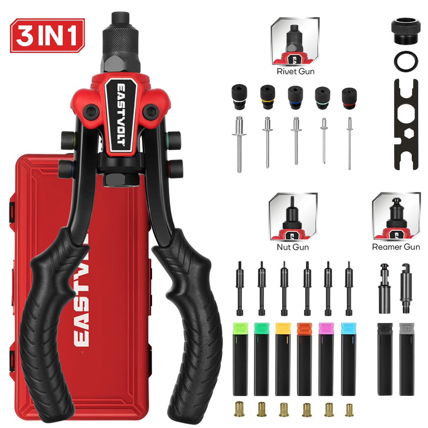 Eastvolt Rivet Nut Tool, 3 in 1 Hand Rivet, Rivet Gun Rivet Nut Tool Reamer 3 in 1 Set, Including 60Pcs Rivet Nuts, 6 Metric & SAE Mandrels and 2 Eastvolt