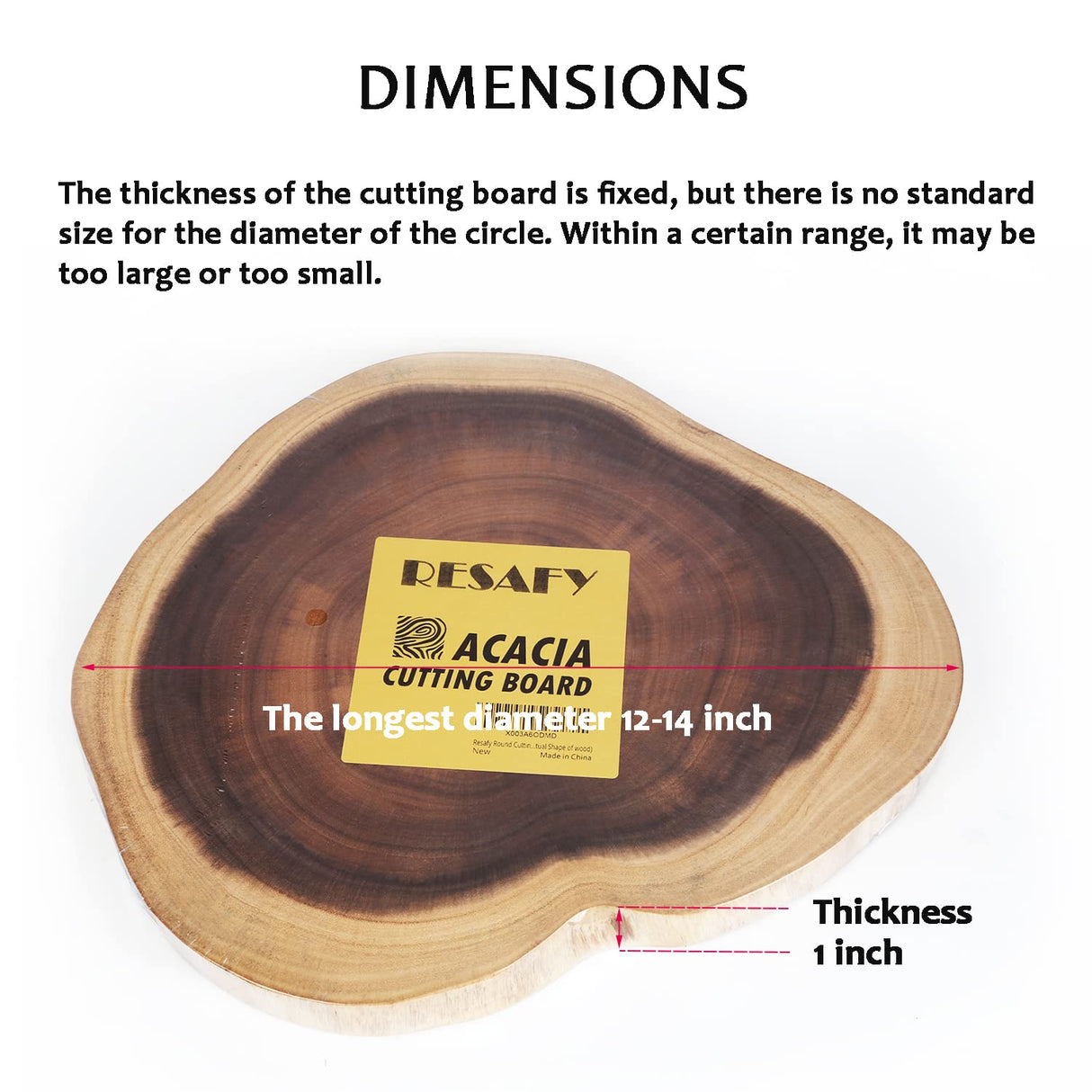 Resafy Round Cutting Board(Dia. 12~14 inch), Exquisite Non-Splicing Acacia Wood Cheese Board, Reversible Round Charcuterie Board (Non-Exact Round, Resafy