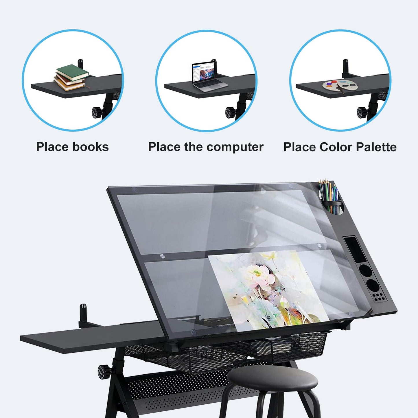 Waful Height Adjustable Drafting Tables, Glass Drawing Art Table, Tilting Tabletop Paintings Work Station Artist Table Chair Chair-2 Storage Drawer - WoodArtSupply