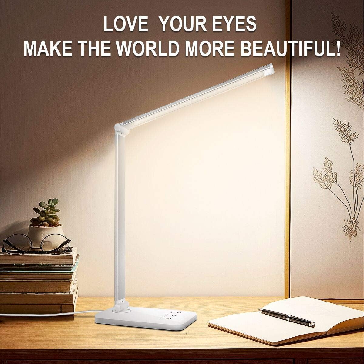 White crown LED Desk Lamp Dimmable Table Lamp Reading Lamp with USB Charging Port, 5 Lighting Modes, Sensitive Control, 30/60 Minutes Auto-Off Timer, - WoodArtSupply