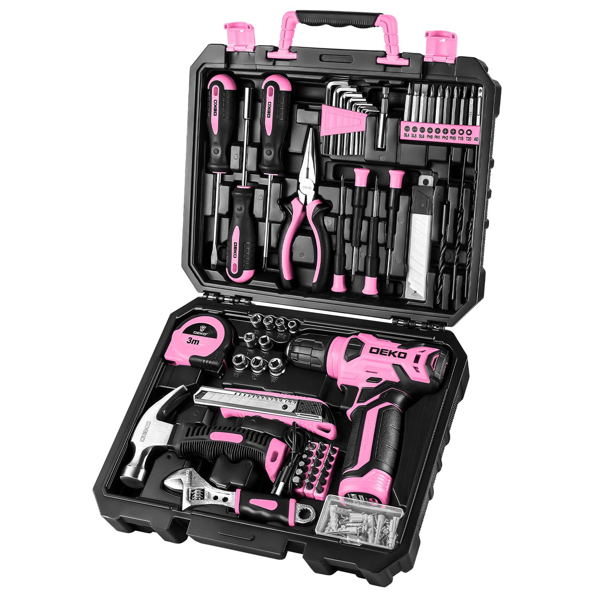 DEKOPRO Drill Set: Tool Set with 8V Pink Cordless Drill, Home Tool Kit with Drill, Hand Tool Kits for Women 126 Piece DEKOPRO