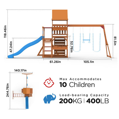 Wooden Swing Sets for Backyard with Outdoor Table, Outdoor Playset for Kids 3-10 with Monkey Bar, 8FT Wave Slide, Playhouse, and 2 Belt Swings, - WoodArtSupply