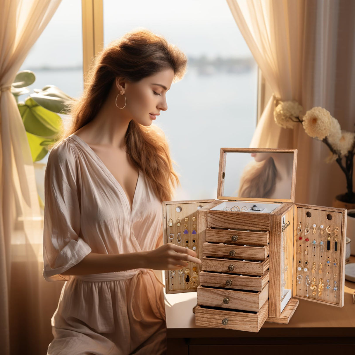 ProCase Large Jewelry Box, 7-Layer Wooden Jewelry Boxes for Women, Jewellery Holder Organizer Storage Case with Mirror for Earrings Bracelet Necklace ProCase