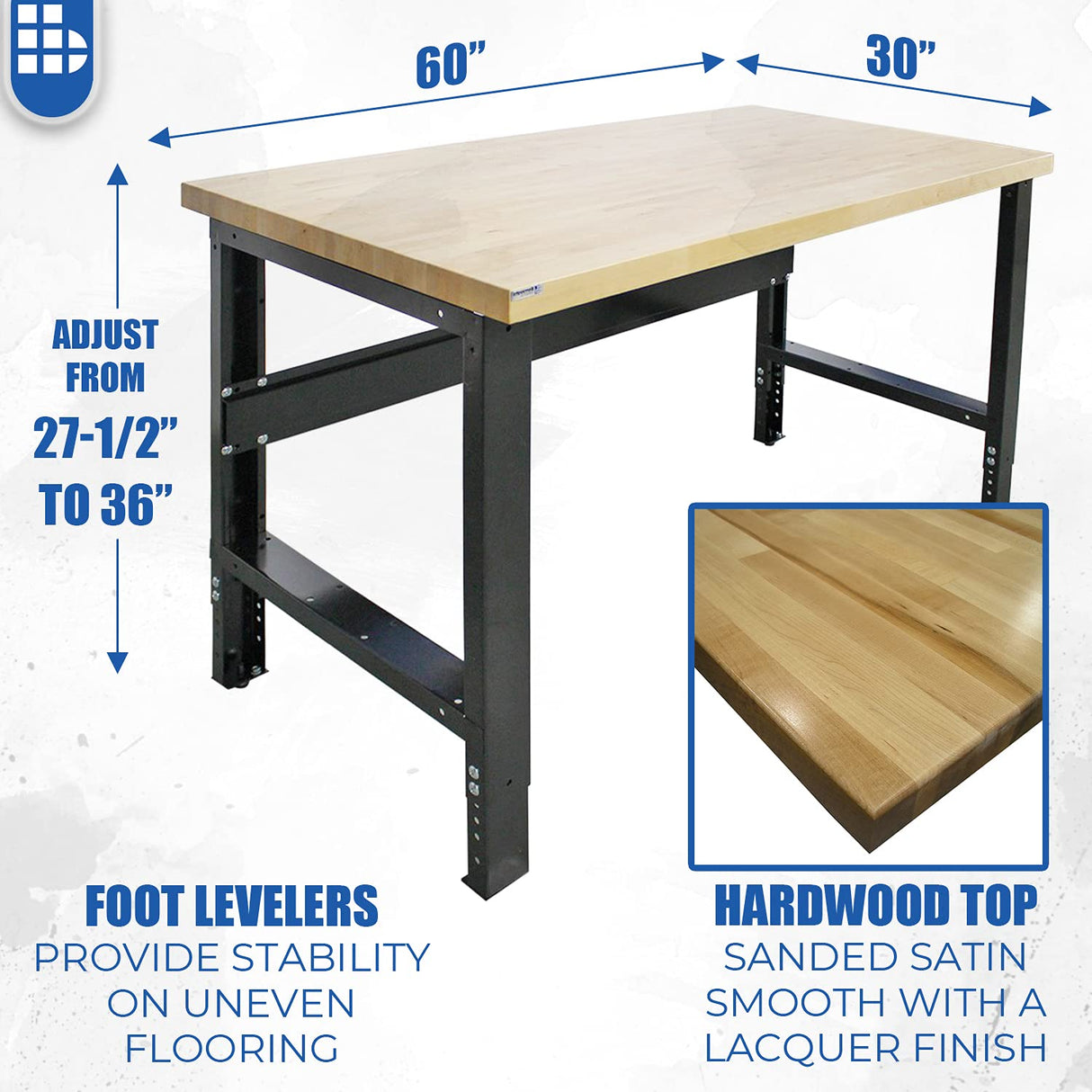 Borroughs Adjustable Height Heavy Duty Workbench, Solid Hardwood Top, Commercial Grade, 16-Gauge Steel Legs, 30 in. x 60 in. Borroughs