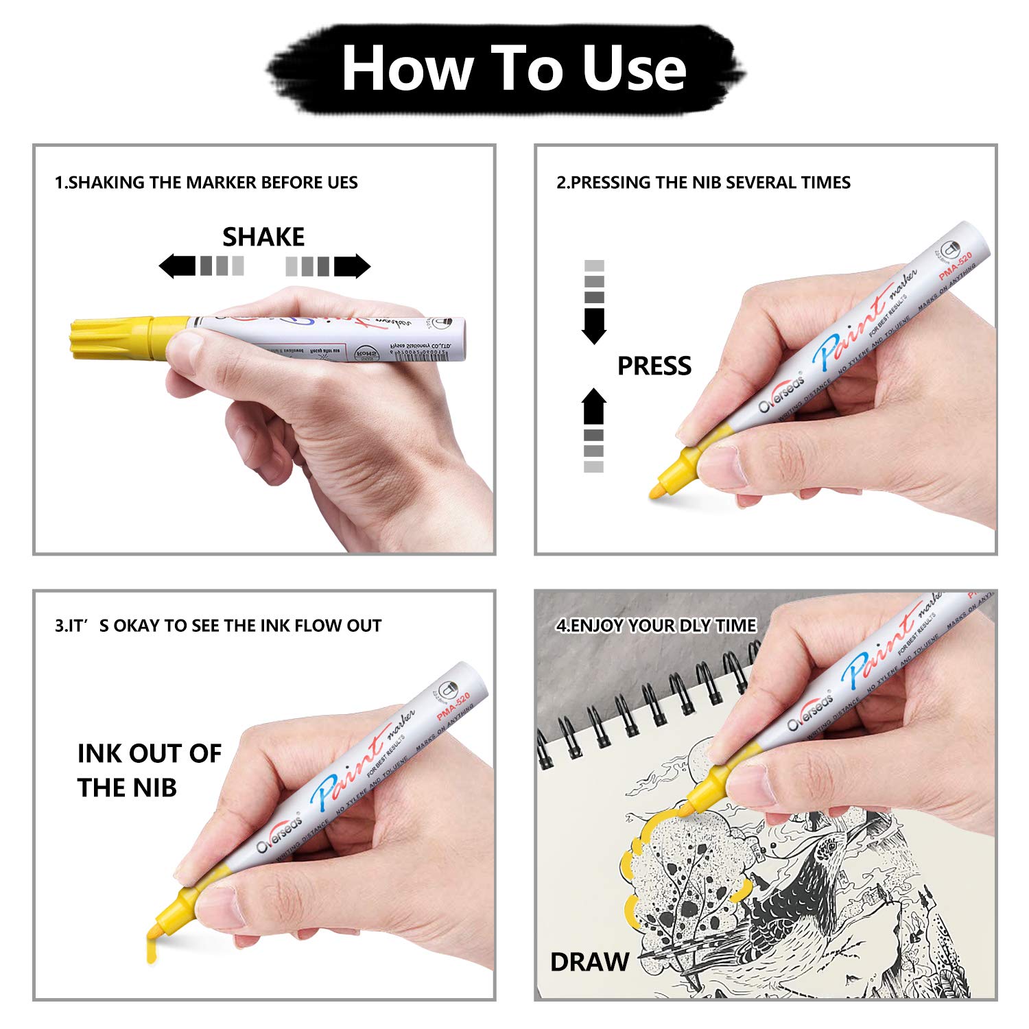 Gold Paint Markers Pens - Single color 6 Pack Permanent Oil Based Metallic Paint Pen, Medium Tip, Quick Dry and Waterproof Marker for Rock, Wood, Overseas