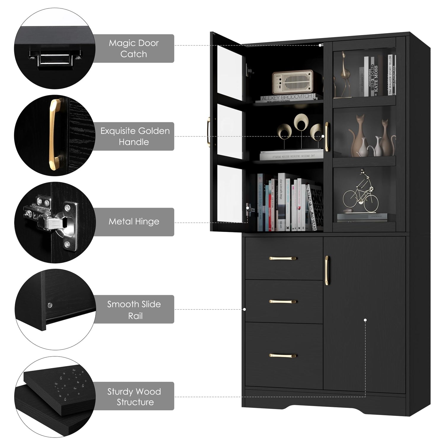 HIFIT Tall Storage Cabinet with 2 Glass Display Door & Shelves & 3 Drawer, 67"H Tall Kitchen Pantry Cabinet with Gold Handles, Modern Linen Cabinet HIFIT