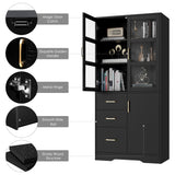 HIFIT Tall Storage Cabinet with 2 Glass Display Door & Shelves & 3 Drawer, 67"H Tall Kitchen Pantry Cabinet with Gold Handles, Modern Linen Cabinet HIFIT