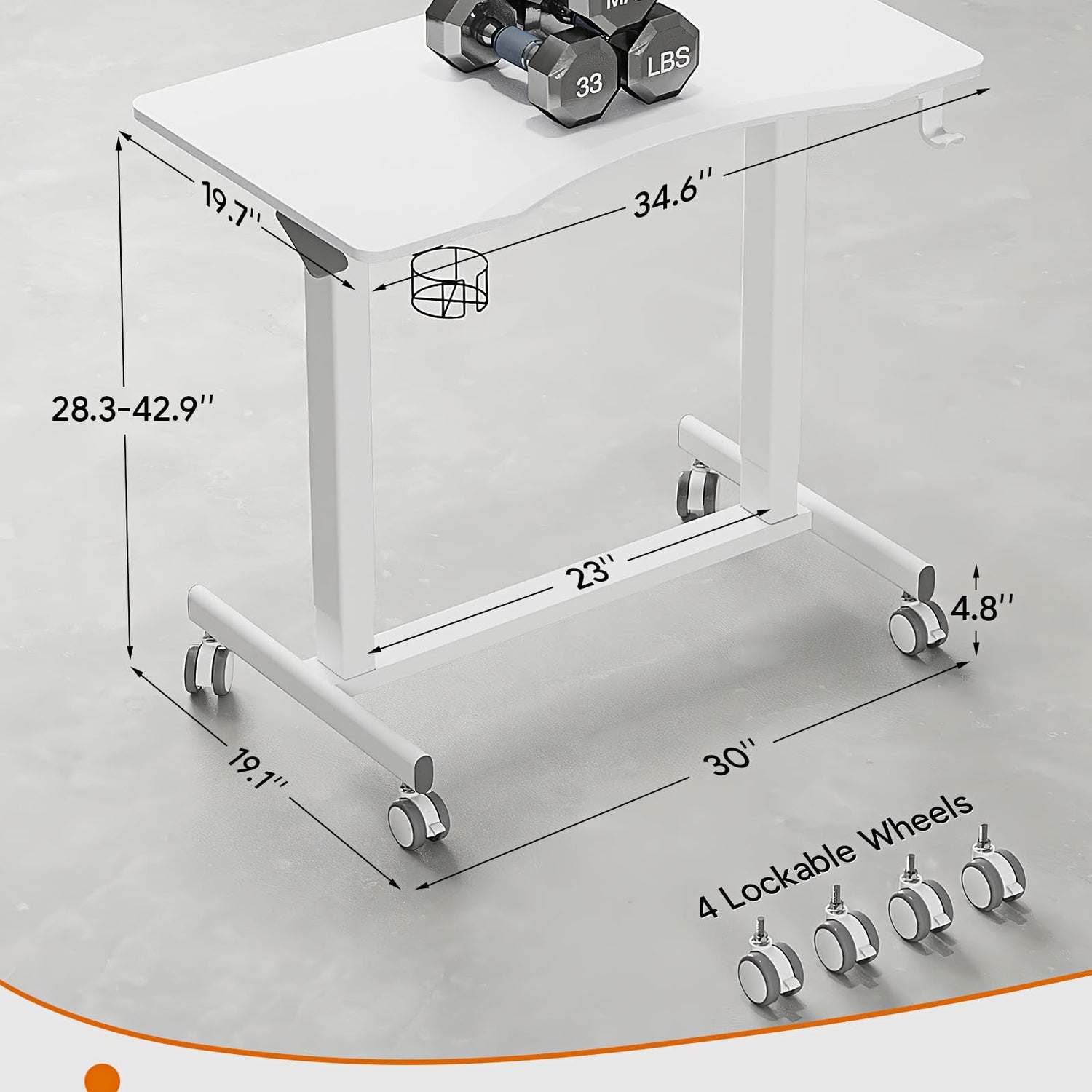 JOY worker Mobile Standing Desk, 35In Small Standing Desk with Curved Desktop, Pneumatic Height Adjustable Rolling Desk Holds Up to 33lbs, White JOY worker