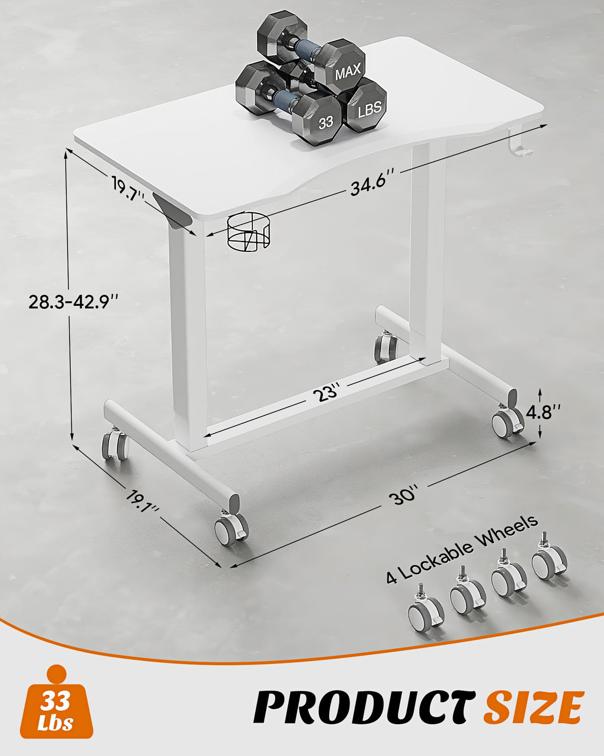 JOY worker Mobile Standing Desk, 35In Small Standing Desk with Curved Desktop, Pneumatic Height Adjustable Rolling Desk Holds Up to 33lbs, White JOY worker