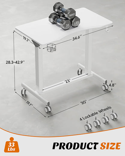 JOY worker Mobile Standing Desk, 35In Small Standing Desk with Curved Desktop, Pneumatic Height Adjustable Rolling Desk Holds Up to 33lbs, White - WoodArtSupply