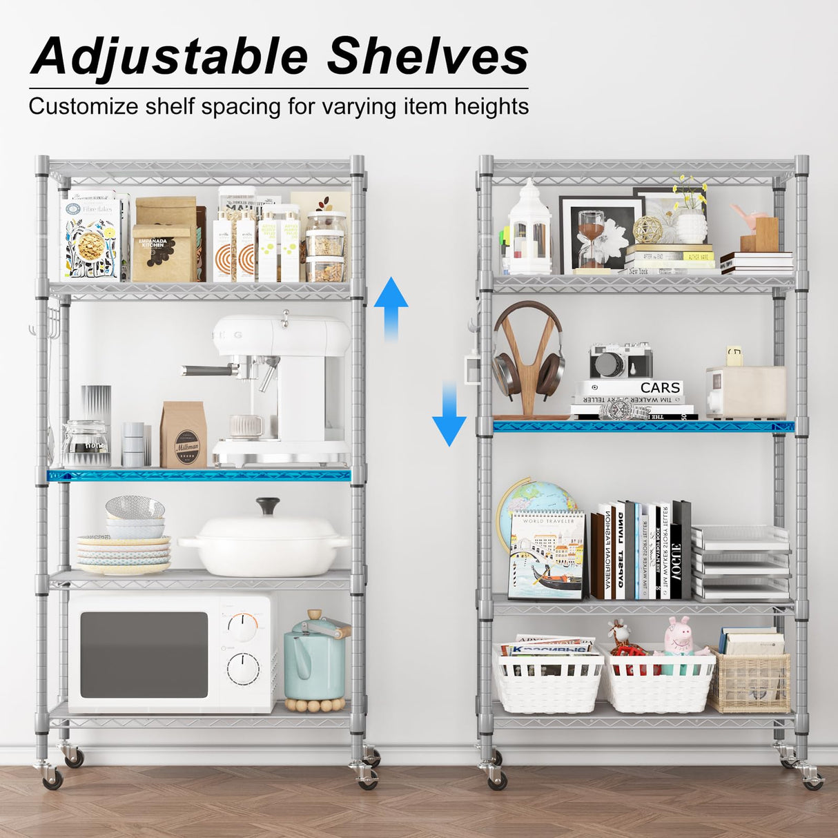 Homdox 5 Tier Adjustable Rolling Storage Shelves, Heavy Duty Wire Storage Racks and Shelving, Metal Shelves for Storage with Side Hooks for Pantry Homdox