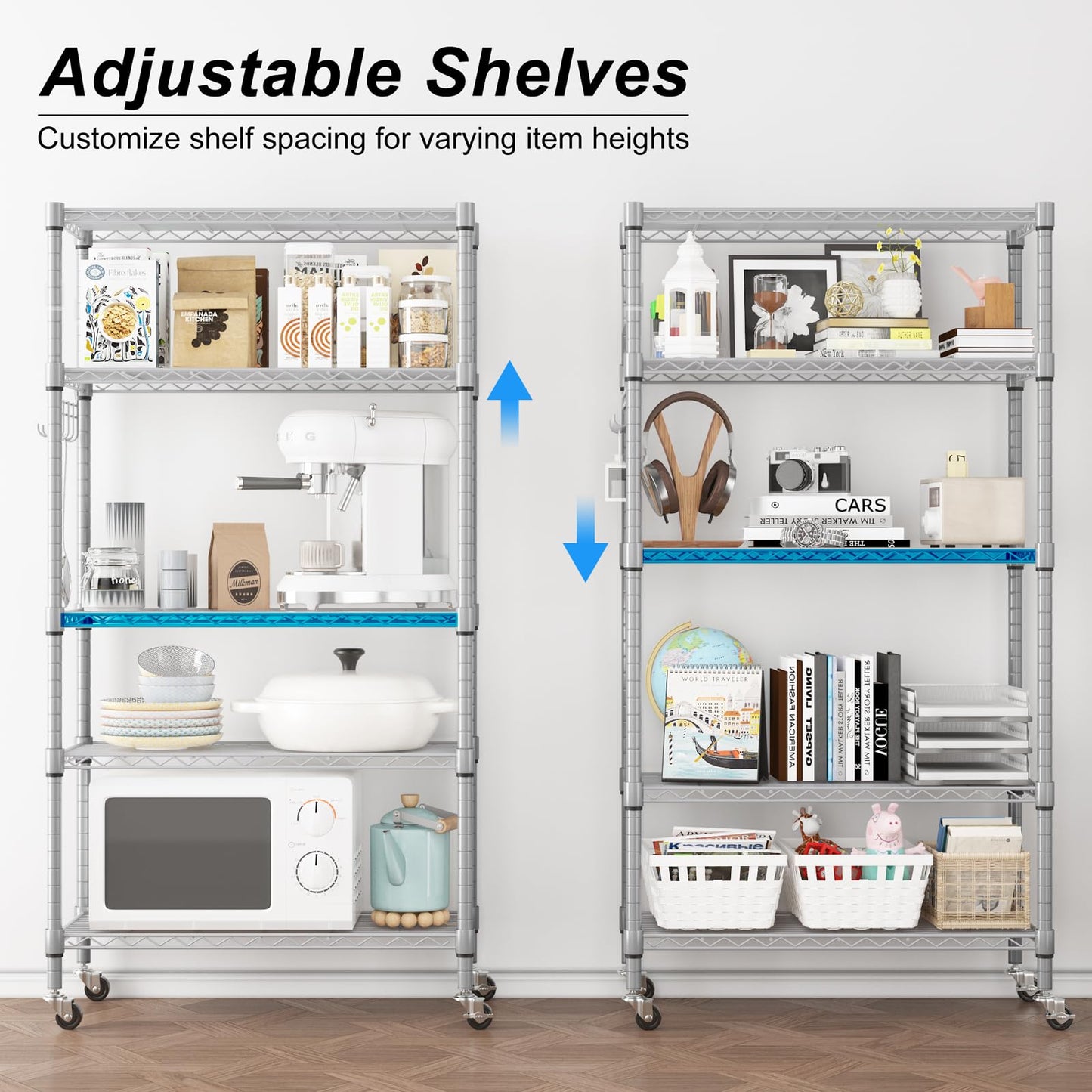 Homdox 5 Tier Adjustable Rolling Storage Shelves, Heavy Duty Wire Storage Racks and Shelving, Metal Shelves for Storage with Side Hooks for Pantry - WoodArtSupply