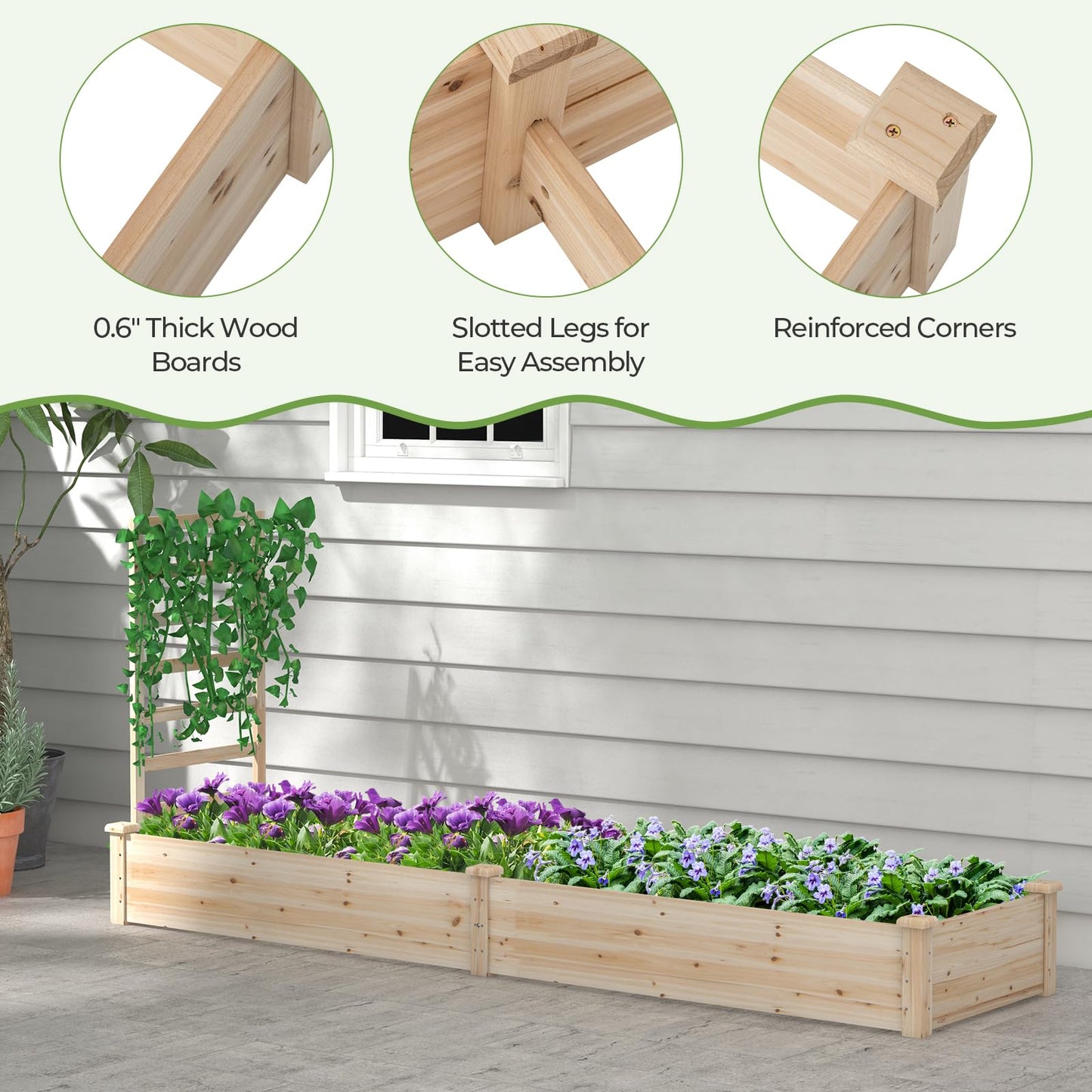 S AFSTAR Raised Garden Bed with Planter Box & Trellis, 93" L x 25" W x 40" H Outdoor Wooden Planter Box Kit for Flower Herb Vegetable Fruit Climbing