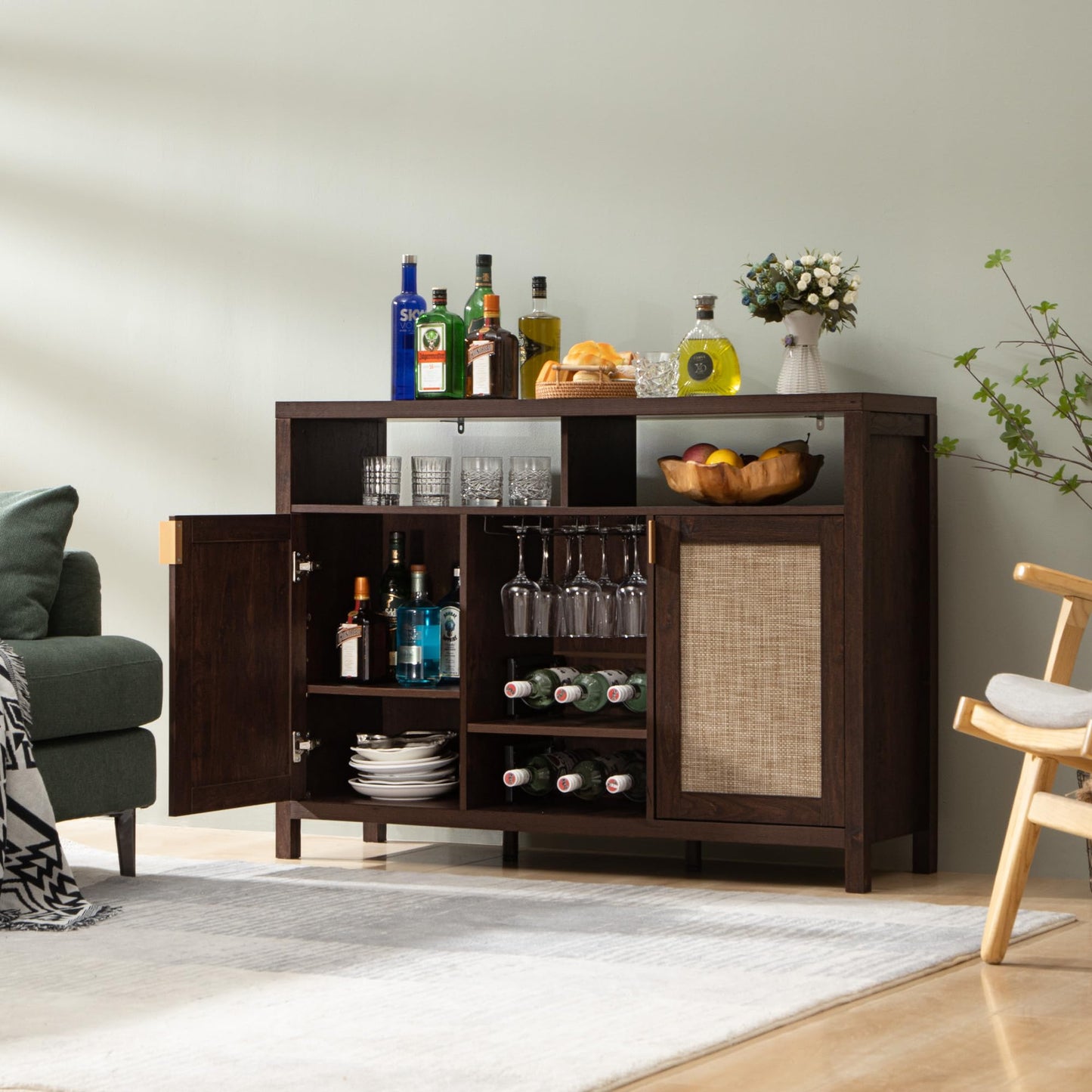 SICOTAS Rattan Coffee Bar Cabinet, 51" Sideboard Buffet Cabinet with Storage, Farmhouse Liquor Cabinet with Wine Racks Credenza Console Buffet Table
