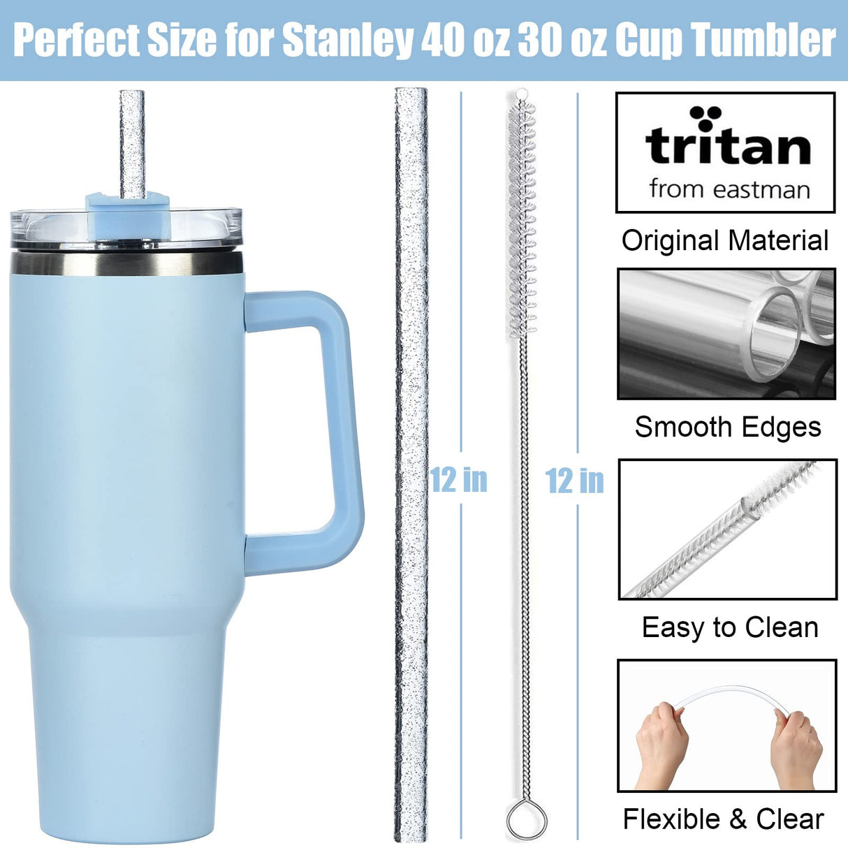 ALINK 10 Pack Color Replacement Straws for Stanley 40 oz 30 oz Tumbler, 12 in Long Reusable Plastic Glitter Straws for Stanley Cup Accessories, Half ALINK
