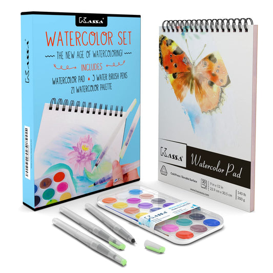 Kassa Watercolor Painting, Drawing & Art Supplies Set | Includes 21 Watercolor Palette, 30 Sheets & 3 Water Brush Pens in Assorted Sizes | Ideal for - WoodArtSupply