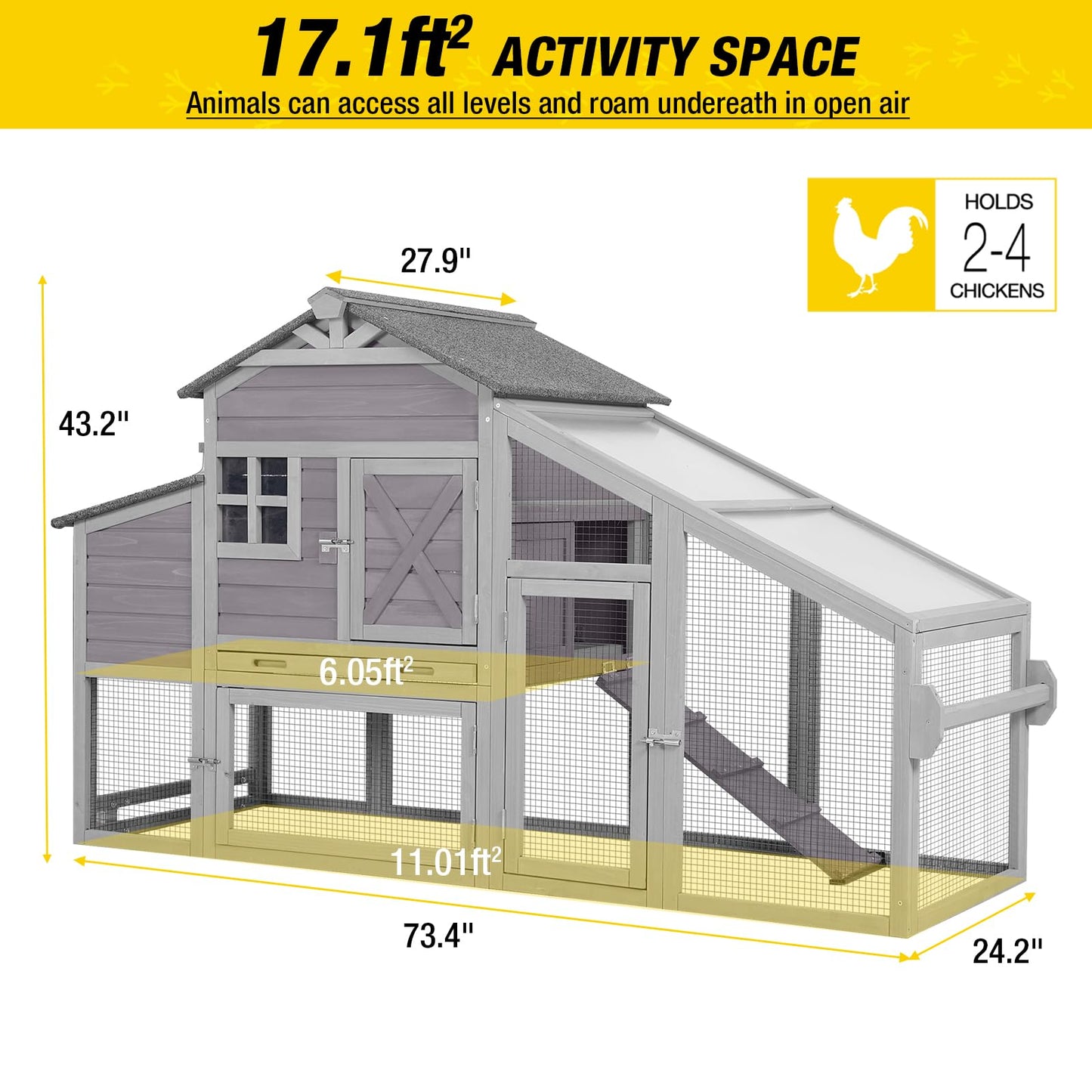 Chicken Coop Mobile Hen House with Large Nesting Box 73" Expandable Outdoor Wooden Poultry Cage with Wheels, Nesting Box, Leakproof Pull-on Tray and - WoodArtSupply